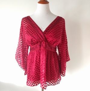 Red Checkered V-Neck Blouse